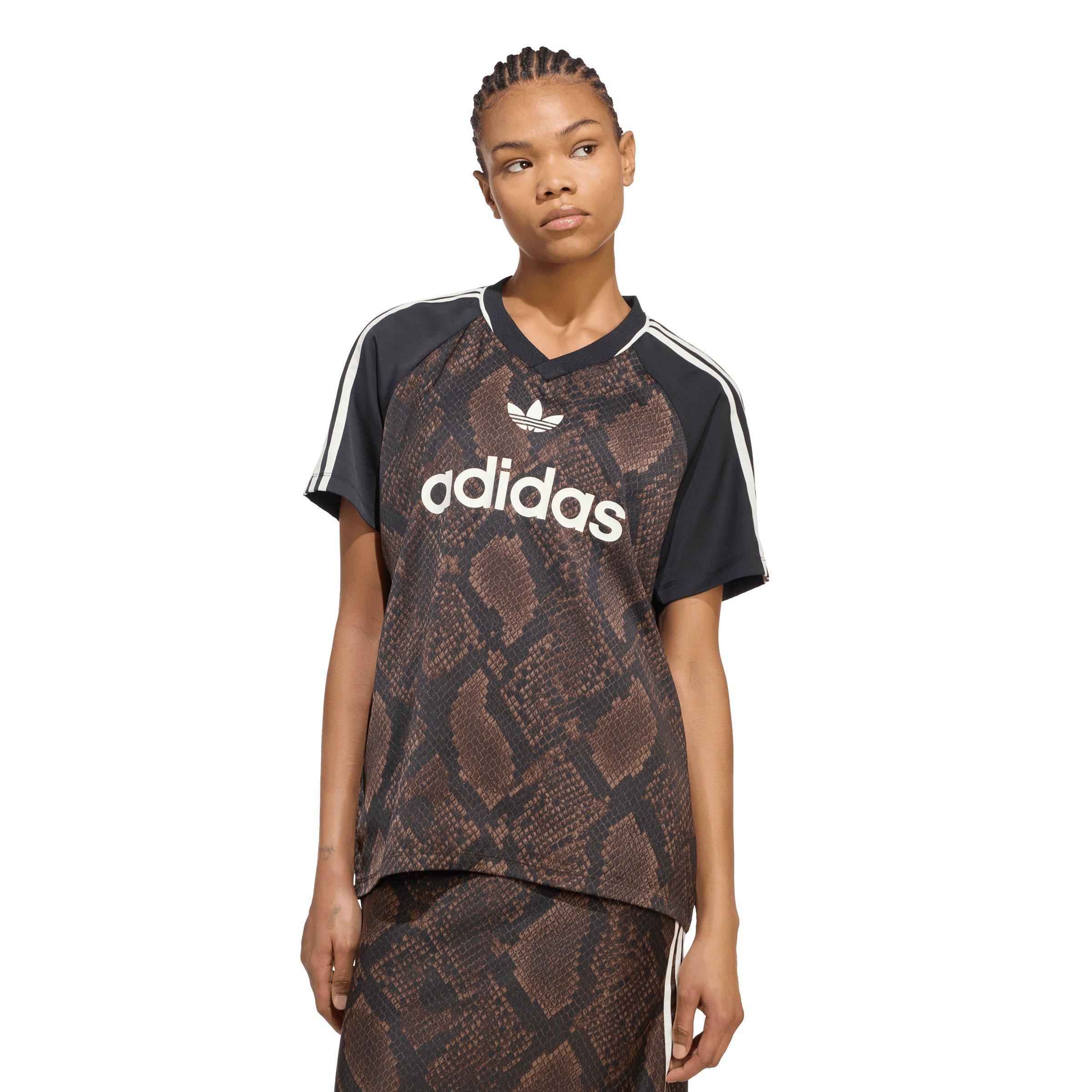 adidas Originals Women's Snake Print Satin Short Sleeve T-Shirt - Brown - BROWN